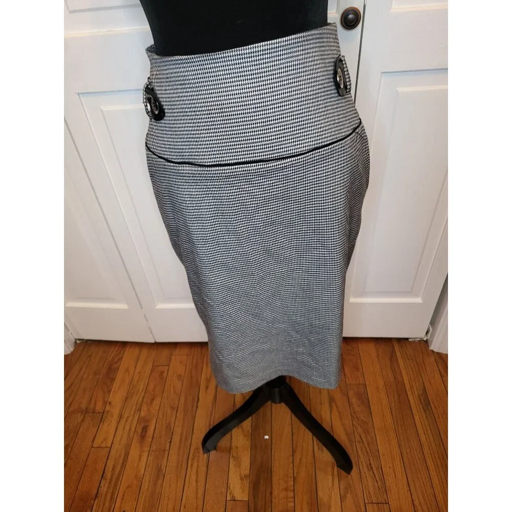 White/Black Houndstooth Pencil Skirt High Waist 11 Retro Twee Preppy Office - Picture 2 of 8